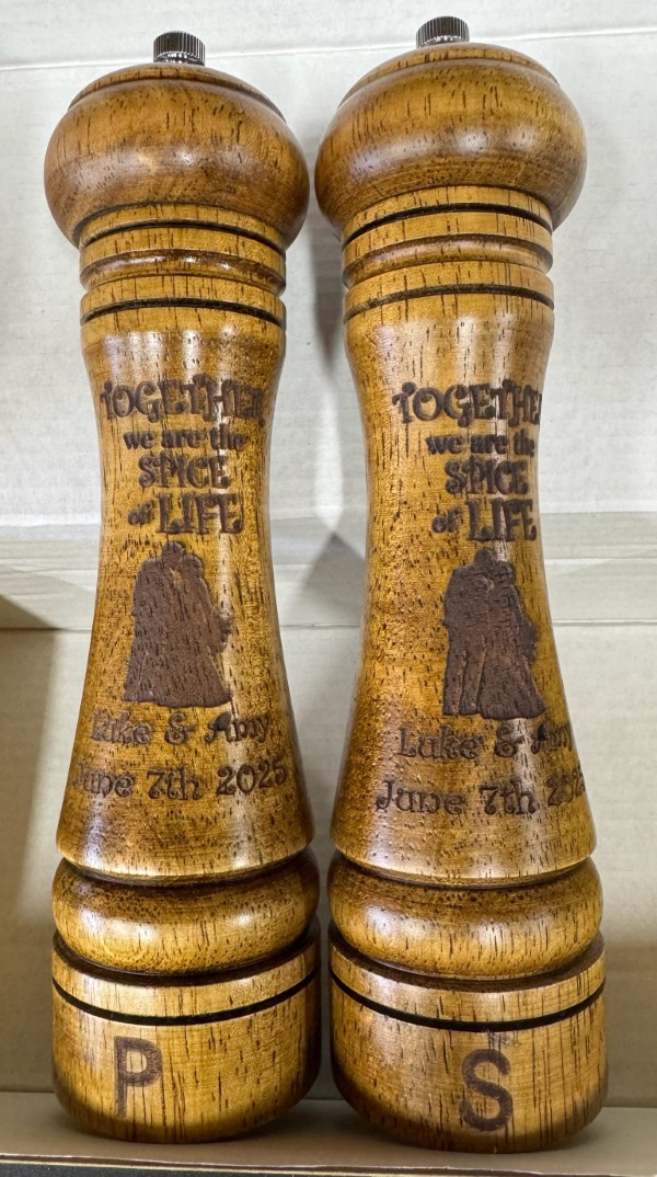 Custom engraved salt and pepper shakers